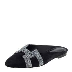 Pre Owned Hermes Black/Silver Suede And Crystal Roxane Mules Size 37