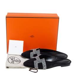 Pre Owned Hermes Black/Silver Suede And Crystal Roxane Mules Size 37