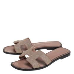 Pre Owned Hermes Beige Glitter Oran Sandals Size 36