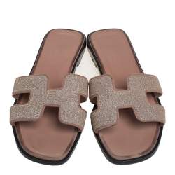 Pre Owned Hermes Beige Glitter Oran Sandals Size 36