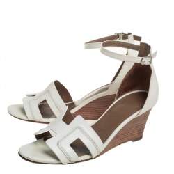 Pre Owned Hermes White Leather Legend Wedge Ankle Strap Sandals Size 38.5