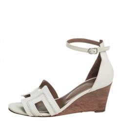 Pre Owned Hermes White Leather Legend Wedge Ankle Strap Sandals Size 38.5