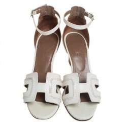 Pre Owned Hermes White Leather Legend Wedge Ankle Strap Sandals Size 38.5