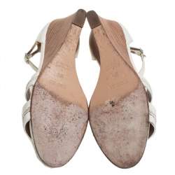 Pre Owned Hermes White Leather Legend Wedge Ankle Strap Sandals Size 38.5