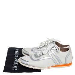 Pre Owned Hermes White Nylon And Silver Leather Low Top Sneakers Size 38