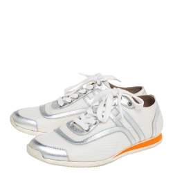 Pre Owned Hermes White Nylon And Silver Leather Low Top Sneakers Size 38