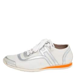 Pre Owned Hermes White Nylon And Silver Leather Low Top Sneakers Size 38