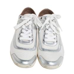 Pre Owned Hermes White Nylon And Silver Leather Low Top Sneakers Size 38
