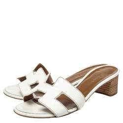 Pre Owned Hermes White Leather Oasis Slide Sandals Size 35