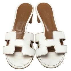 Pre Owned Hermes White Leather Oasis Slide Sandals Size 35