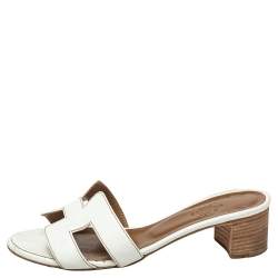 Pre Owned Hermes White Leather Oasis Slide Sandals Size 35