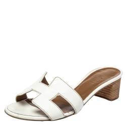 Pre Owned Hermes White Leather Oasis Slide Sandals Size 35