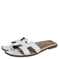 Hermes White Leather Oran Slide Sandals Size 40