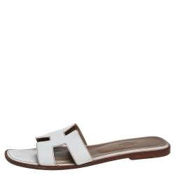 Hermes White Leather Oran Slide Sandals Size 40
