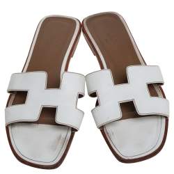 Hermes White Leather Oran Slide Sandals Size 40