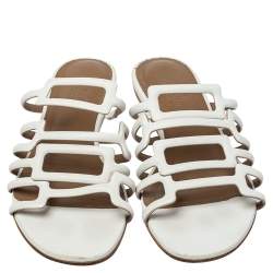 Hermés White Leather Olympe Flat Slides Size 37