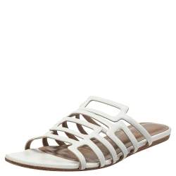 Hermés White Leather Olympe Flat Slides Size 37
