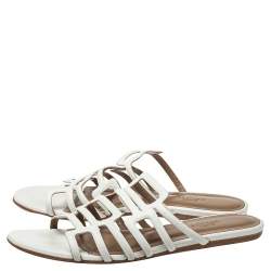 Hermés White Leather Olympe Flat Slides Size 37