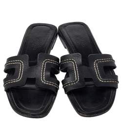 Pre Owned Hermes Black Leather Oran Stitched Flat Slide Size 35.5