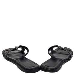 Pre Owned Hermes Black Leather Oran Stitched Flat Slide Size 35.5
