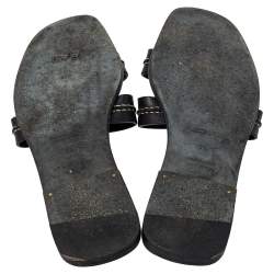 Pre Owned Hermes Black Leather Oran Stitched Flat Slide Size 35.5