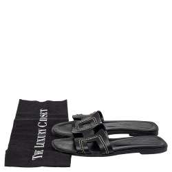 Pre Owned Hermes Black Leather Oran Stitched Flat Slide Size 35.5