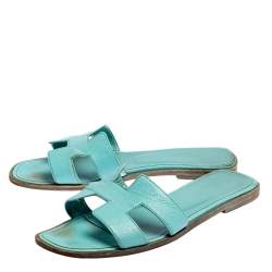 Pre Owned Hermes Blue Leather Oran Flats Size 39