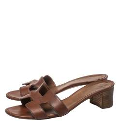 Pre Owned Hermes Brown Leather Oasis Block Heel Slide Sandals Size 38