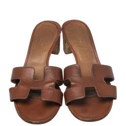 Pre Owned Hermes Brown Leather Oasis Block Heel Slide Sandals Size 38