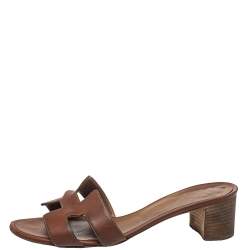 Pre Owned Hermes Brown Leather Oasis Block Heel Slide Sandals Size 38