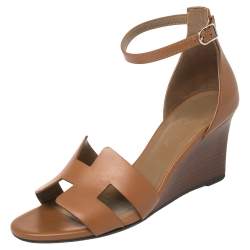 Pre Owned Hermes Brown Leather Legend Wedge Sandals Size 36
