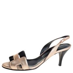 Pre Owned Hermes Metallic Bronze Leather Night Slingback Sandals Size 37