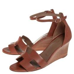 Pre Owned Hermes Brown Leather Legend Wedge Ankle Strap Sandals Size 39