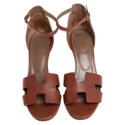 Pre Owned Hermes Brown Leather Legend Wedge Ankle Strap Sandals Size 39