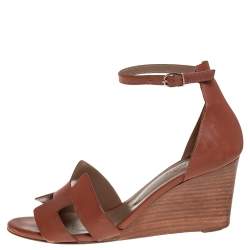 Pre Owned Hermes Brown Leather Legend Wedge Ankle Strap Sandals Size 39