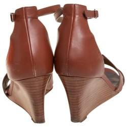 Pre Owned Hermes Brown Leather Legend Wedge Ankle Strap Sandals Size 39