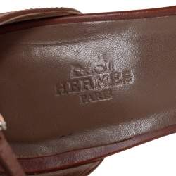 Pre Owned Hermes Brown Leather Legend Wedge Ankle Strap Sandals Size 39
