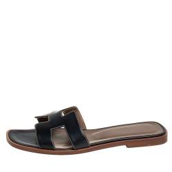 Hermes Black Leather Oran Sandals Size 38