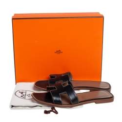 Hermes Black Leather Oran Sandals Size 38