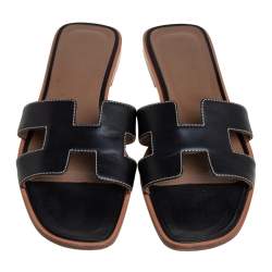 Hermes Black Leather Oran Sandals Size 38