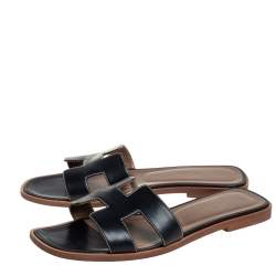 Hermes Black Leather Oran Sandals Size 38