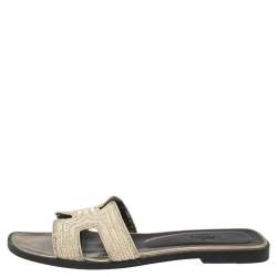 Hermes White Embroidered Fabric Oran Sandals Size 37.5