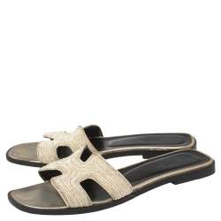 Hermes White Embroidered Fabric Oran Sandals Size 37.5