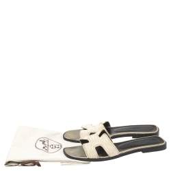 Hermes White Embroidered Fabric Oran Sandals Size 37.5