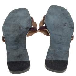 Pre Owned Hermes Burgundy Leather Omaha Slide Flats Size 38