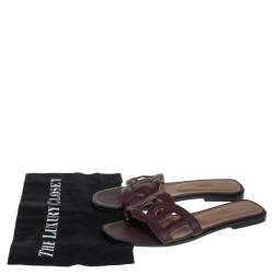 Pre Owned Hermes Burgundy Leather Omaha Slide Flats Size 38