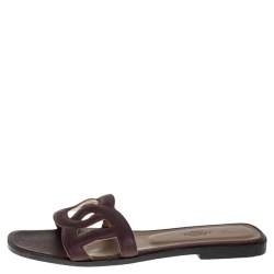 Pre Owned Hermes Burgundy Leather Omaha Slide Flats Size 38