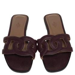 Pre Owned Hermes Burgundy Leather Omaha Slide Flats Size 38