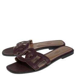 Pre Owned Hermes Burgundy Leather Omaha Slide Flats Size 38