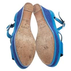 Pre Owned Hermes Blue Suede And Patent Leather Ilana Espadrille Wedge Sandals Size 38